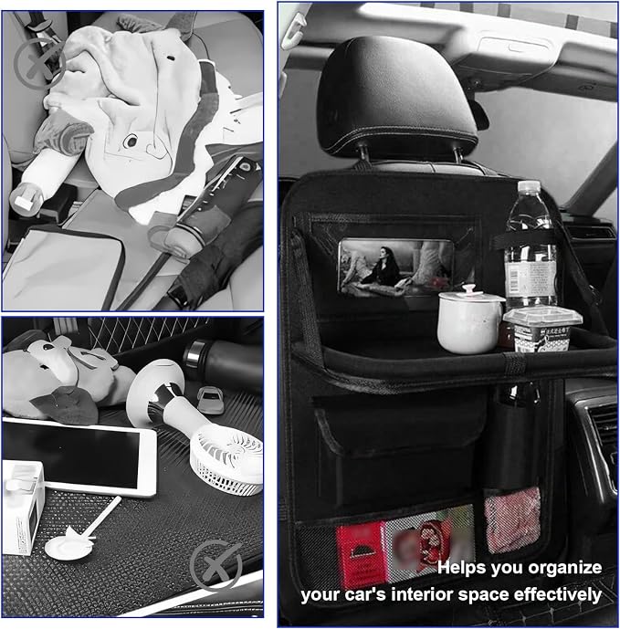 2PCS Car Backseat Organizer with Foldable Table Tray, 5 Storage Pockets Auto Seat Back Protector w/Tablet Holder, Back Seat Cover Storage Organizer Kick Mats for Most Cars