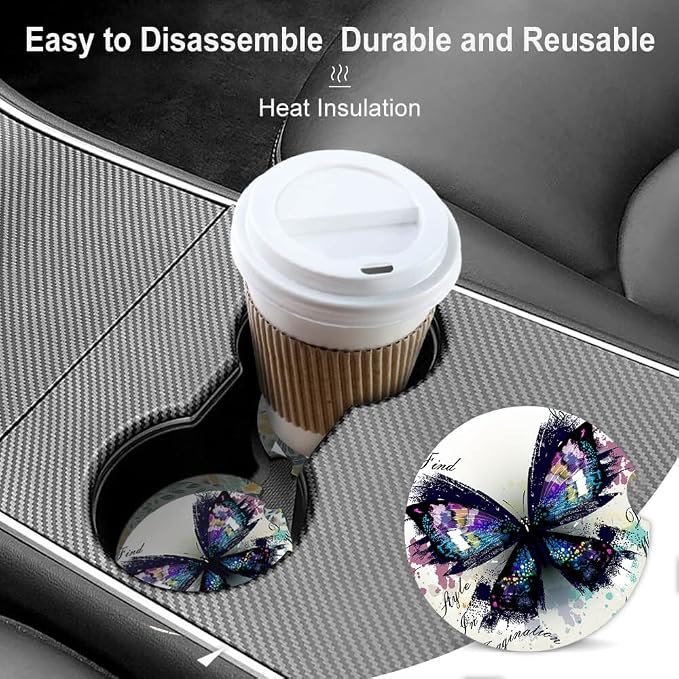 2 Pack Absorbent Car Coasters for Cup Holders,Ceramic Coasters with Cork Back and Finger Slot,Fashion Cupholder Accessories to Keep Your Car Cup Holders Clean and Dry 2.56"(Watercolor Butterfly)