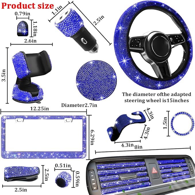 27PCS Bling Car Accessories Set for Women, 14.5-15" Rhinestone Steering Wheel Cover Cup Coaster, USB Charger Phone Holder Headrest Hook, Diamond Auto Interior Decor, Universal Fit (Blue)
