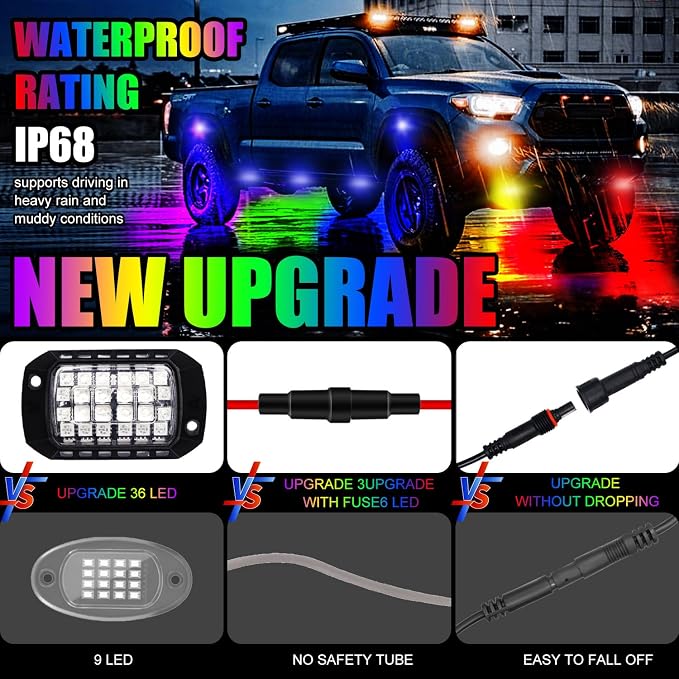 Rock Lights for Trucks, 36LED Full Angle RGB Led Rock Lights with APP/RF Control Flashing Music Mode, Multicolor Waterproof Underglow Led Lights Exterior Wheel Light for Truck UTV ATV Jeep SUV (4pcs)