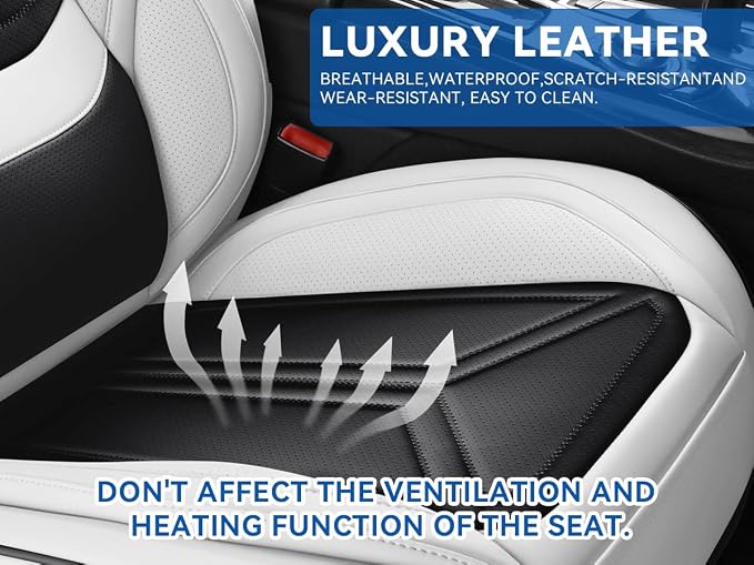 Car Seat Covers Front Seats White and Black, Premium Leather Car Seat Covers, Waterproof and Breathable Seat Covers, Universal Car Seat Protector Fit for Cars, Trucks, SUVs, Pick-ups
