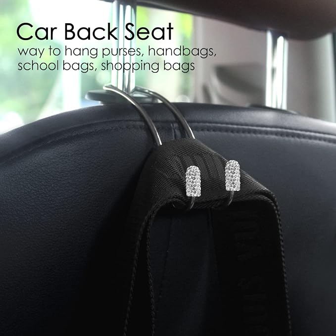 Guoord 【2026 Upgraded】 Car Headrest Hook Decorations, 2 Pcs Bling Purse Hook Hangers, Stainless Hooks Car Hangers and Durable Backseat Holder, Storage Universal for SUV Truck Vehicle(White)