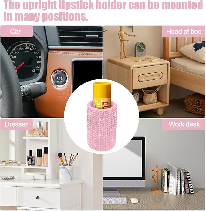 Upright Car Chapstick Holder, Bling Insulating Lip Balm Holder,Rhinestone Car Accessories for Women Interior ,Suitable for Most Vehicles. (Pink)