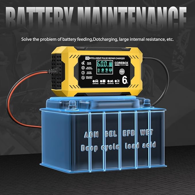 Corebox Battery Charger 6-Amp 12V Automatic Smart Battery Trickle Charger, Battery Maintainer Desulfator with Temperature Compensation for Car Truck Motorcycle Lawn Mower Marine