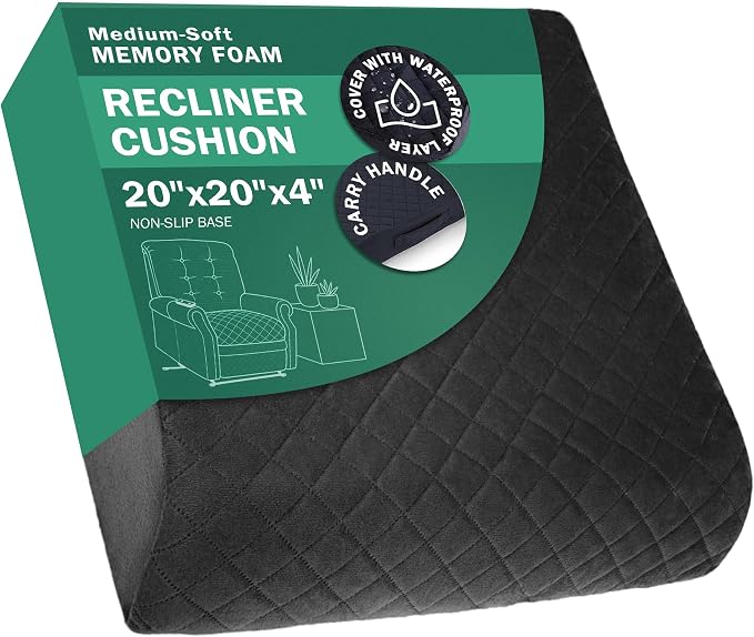 Medium-Soft 20x20x4 Memory Foam Recliner Chair Seat Cushion for Long Sitting - Armchair Pad with Washable Velvety Cover with Waterproof Layer & Non-Slip Base for Seniors & Elderly - Black