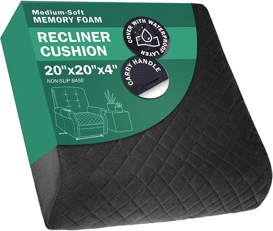 Medium-Soft 20x20x4 Memory Foam Recliner Chair Seat Cushion for Long Sitting - Armchair Pad with Washable Velvety Cover with Waterproof Layer & Non-Slip Base for Seniors & Elderly - Black