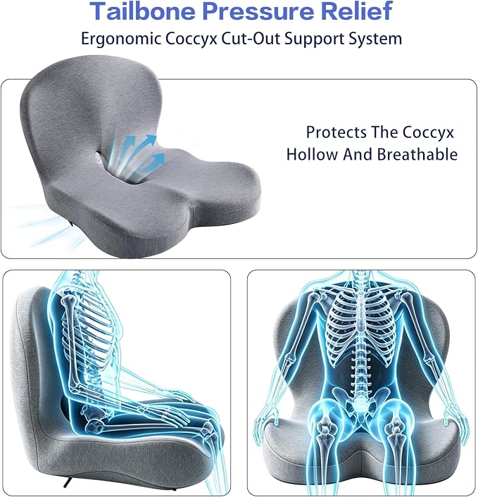 Back and Seat Cushion for Office Chair, Light Grey | Wide ergonomic memory foam, coccyx cutout & adjustable straps, tailbone & back relief, non-slip for car, home & gaming