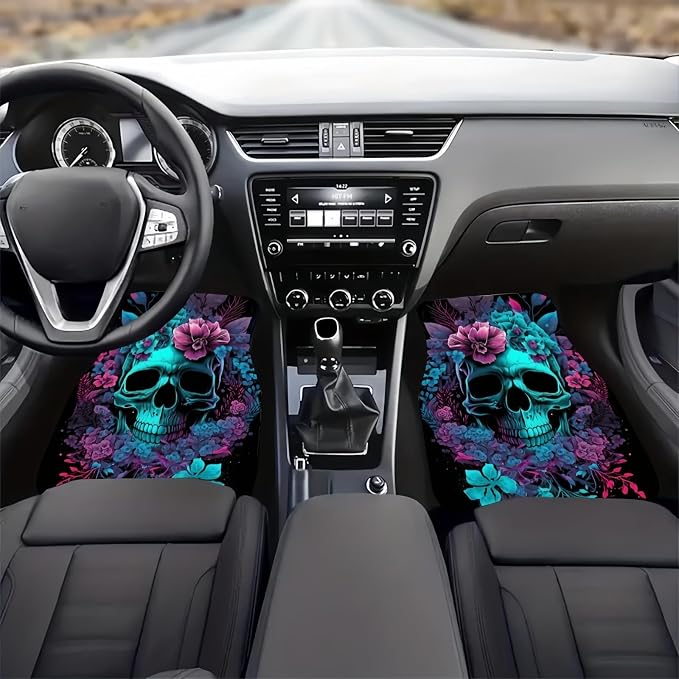 Universal Fit Car Floor Mats Set of 4Pcs, Blue Skull and Flower All-Weather Front Rear Car Carpet Mats, Non-Slip Car Floor Mat Car Accessories for Automotive Trucks SUV Sedans Vans