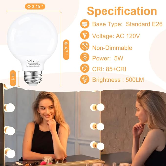 Cotanic 12 Pack G25 LED Vanity Light Bulb 3000K Soft White, Bathroom Round Light Bulb, E26 Standard Base, 5W, 60 Watt Equivalent Incandescent Replacement, 500LM, Non-Dimmable