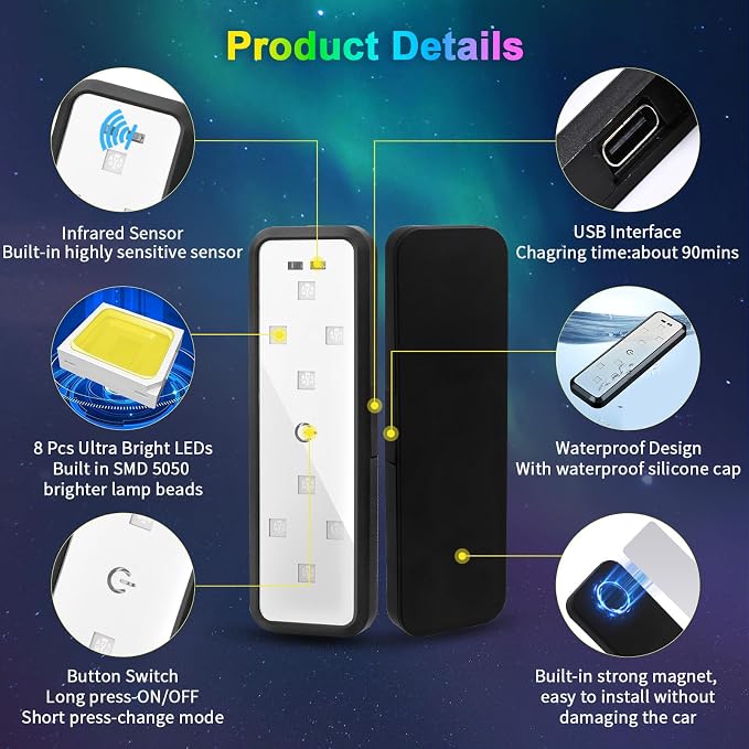 CARFIB Car Door Light Projector Wireless 7 Colors LED Welcome Lights Magnetic Sill Interior Courtesy Lighting USB Rechargeable Warning Lamp Vehicle Auto Sensing Decorations 4pcs