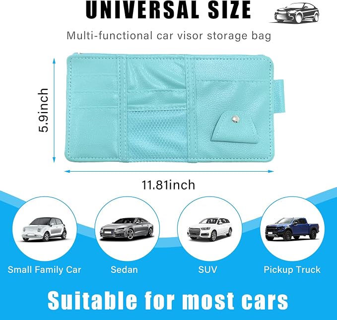 Augeny Car Sun Visor Organizer, Leather Personal Belonging Storage Pouch with Zipper, Car Visor Storage Pouch Sunglasses Holder, Auto Interior Accessories Pocket Organizers (Blue)