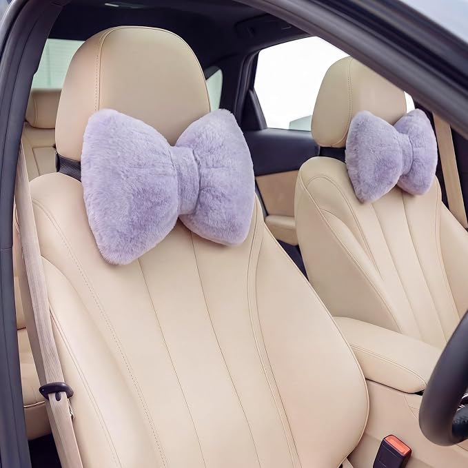 Macarrie 2 Pcs Purple Car Neck Pillow Imitation Rabbit Fur Bow Pillow | Soft Comfortable Seat Headrest Support, Cute Bow Car Accessories, Driving Travel Driver Chair Girl Interior Decor, Solid