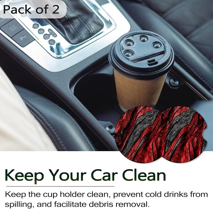 Car Coasters for Cup Holders - Red Wood Grain | 2 Pack Non-Slip Universal Rubber Car Cup Coaster for Women Men, Car Interior Accessories