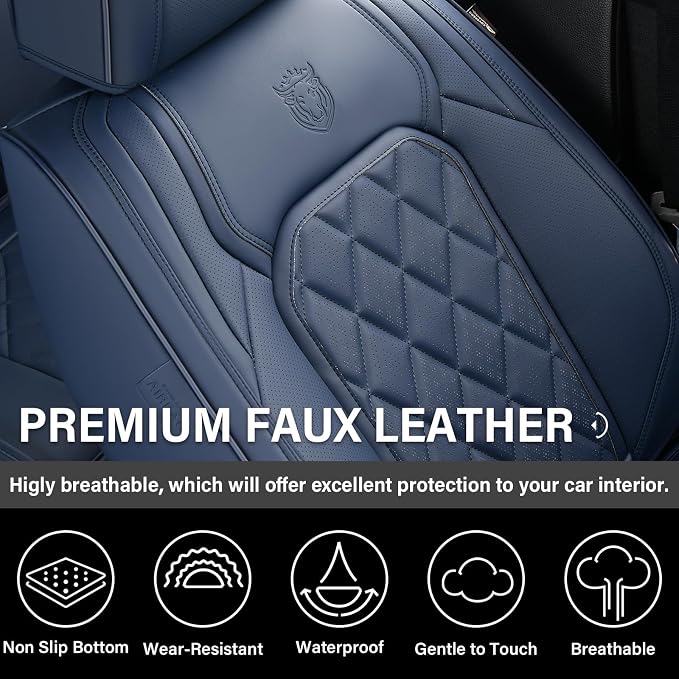 Coverado Car Seat Covers Full Set, Luxury Faux Leather Seat Covers for Cars, Waterproof Car Seat Protector, Blue Car Seat Cover, Universal Automotive Seat Covers Fit for Most Sedan SUV Trucks