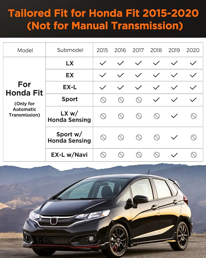 CARxion® for Honda Fit Floor Mats & Cargo Trunk Liner 2015-2020 SUV 5-Seat | Not for Manual Transmission Custom Fit All-Weather TPE Rubber Black Car Accessories 2019 2018 2017 2016 Summer Bench Trip