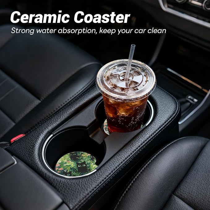 Car Cup Holder Ceramic Coasters 2 Pack, 2.56 in Anti Slip Absorbent Coaster with Cork Base and Finger Notch, Funny Cute Car Accessories Interior for Women, Some Cats