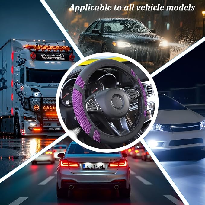 Car Steering Wheel Cover, Elastic Stretch Breathable Leather Vehicle Steering Wheel Protector, Automotive Interior Protective Accessories, Universal for SUV RV Truck (Purple)