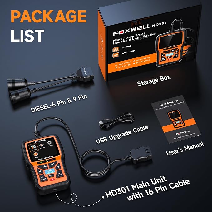 FOXWELL HD301 Heavy Duty Truck Scanner, Full System Diesel Scan Tool with 6/9/16 Pin, 2 in 1 Code Reader for Trucks & Car Engine, Diesel Diagnostic Tool for Cummins, Paccar, Caterpillar
