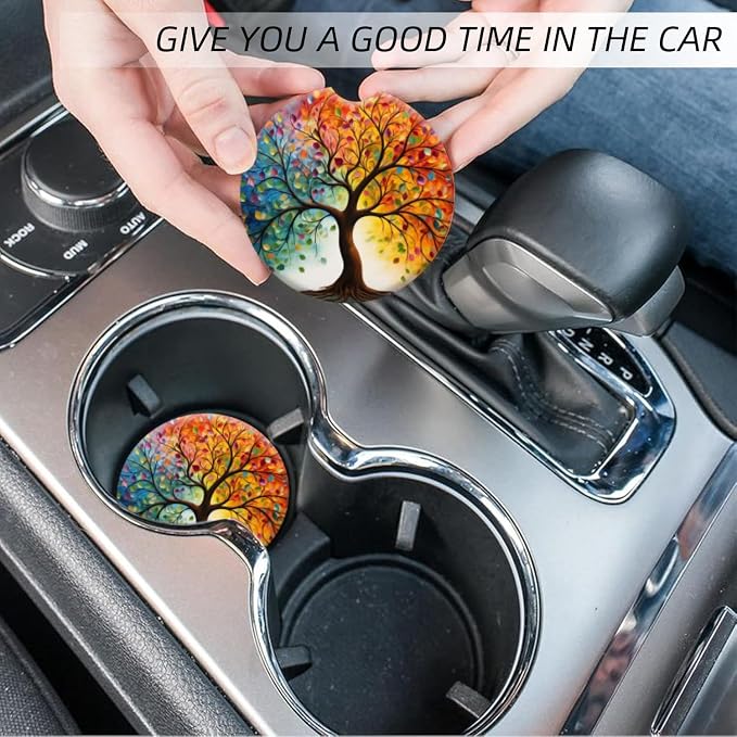 Cup Holder for Car,Tree of Life with Leaves Ceramic Coasters Non-Slip Cup Holder Insert with Fingertip Grip, Auto Interior Accessories for Women & Men,Pack of 2, 2.56In