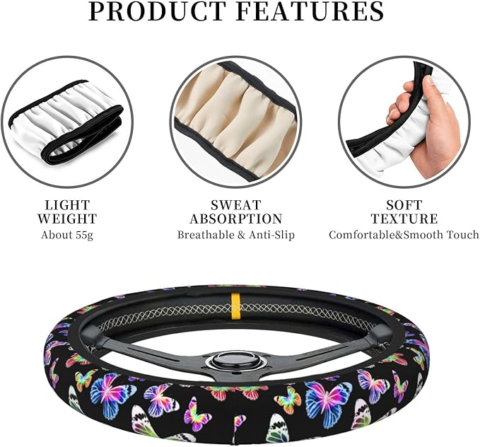 Butterfly Pretty Bright Steering Wheel Cover For Women Men Girls Car Accessories Decor Anti-Slip Neoprene Auto Steering Wheel Covers Protector Universal 15 Inch