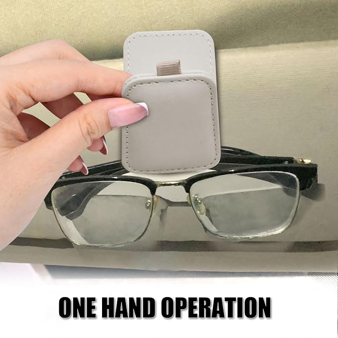 2 Pack Magnetic Leather Car Sunglass Holder, Beige | Leather Glasses Eyeglass Hanger Clip for Car, Sunglass Clip Glasses Holder for Car Visor