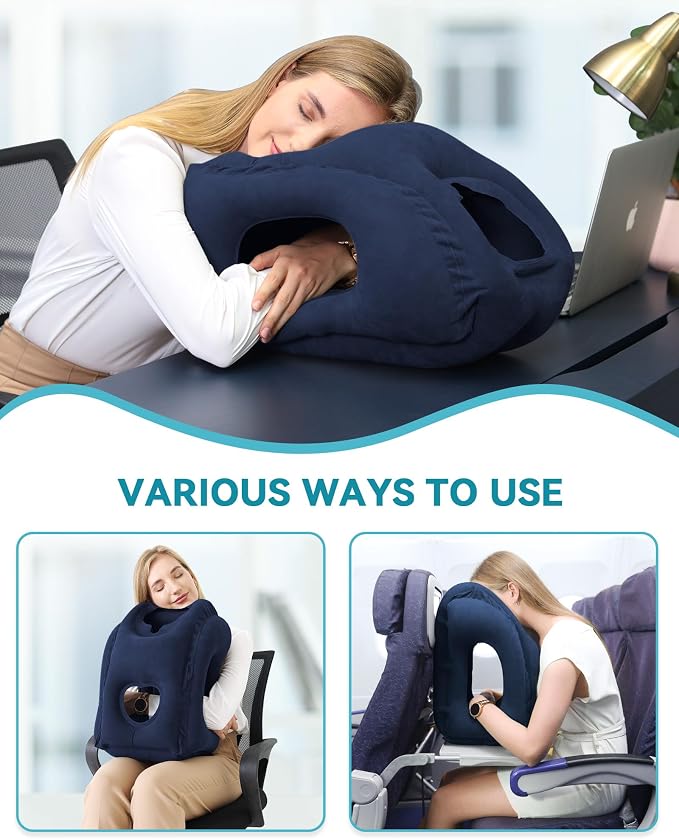 Inflatable Travel Pillow, Airplane Neck Pillow Comfortably Supports Head and Chin for Airplanes, Trains, Cars and Office Napping with 3D Eye Mask, Earplugs and Portable Drawstring Bag (Blue)