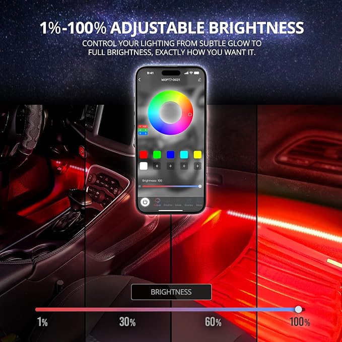 OPT7 Aura DreamColor Interior Light Strips, 4PC Double RGB-IC LED Color Chasing Kit w/APP & Remote Control, Underdash Ambient Lighting Universal for Vehicles Cars Trucks SUVs