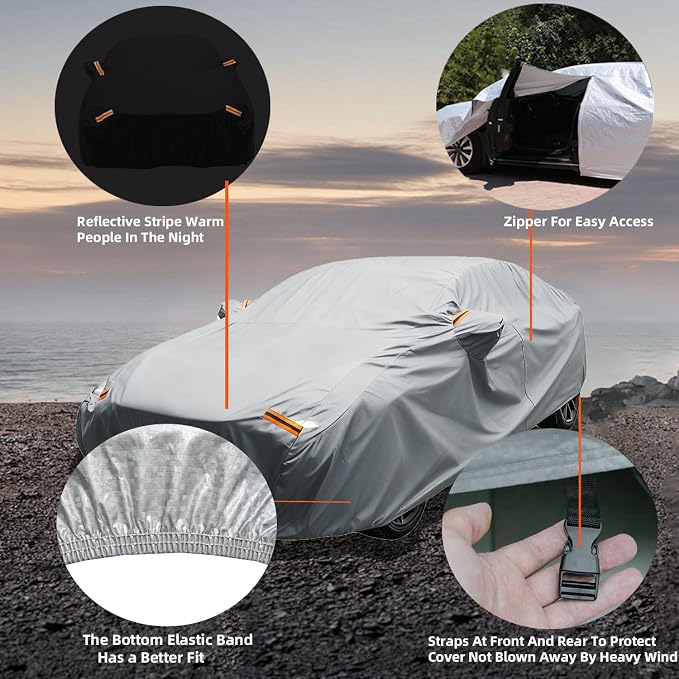 6 Layers Car Cover Waterproof All Weather for Automobiles Outdoor Full Cover Rain Sun UV Protection with Zipper Cotton Size A2 (186" to 193") Universal Fit for Sedan