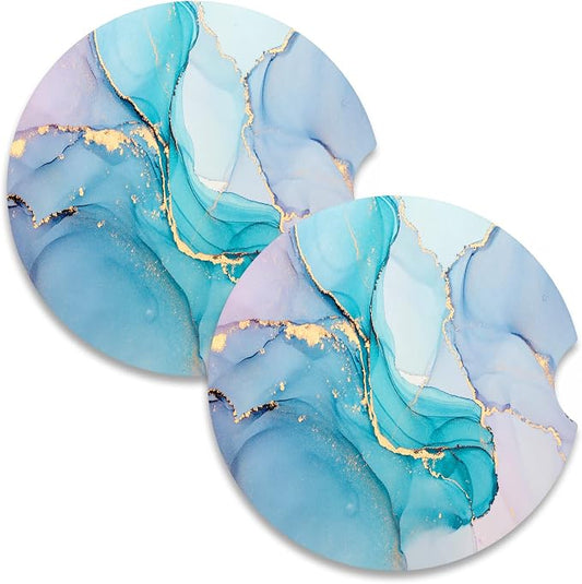 Nipichsha Car Coasters for Cup Holders, 2 Pack Absorbent Ceramic Car Cup Holder Coaster for Drink, Cute Auto Assecories for Women, Universal Size 2.56 in with Finger Notch & Cork Base, Colored Marble