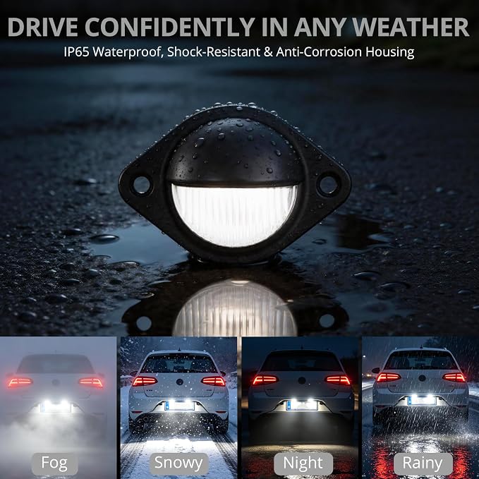 Justech 4 PCS 3 LED Round License Plate Light, 12V-24V IP65 Waterproof Tag Lights Lamp, Universal Number Plate Lights with 8 Screws for Trailers, Trucks, Vans, RVs, Caravans, Lorries - Black