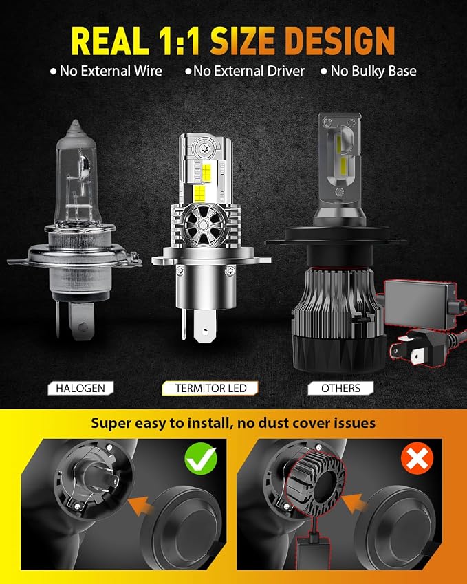 Termitor 2026 H4/9003 Light Bulbs, 90,000LM 15X Super Bright Driving Light | 6500K Cool White H4 9003 HB2 Hi/Low Beam, 1:1 Halogen Size Automotive Replacement IP68 Waterproof, Pack of 2