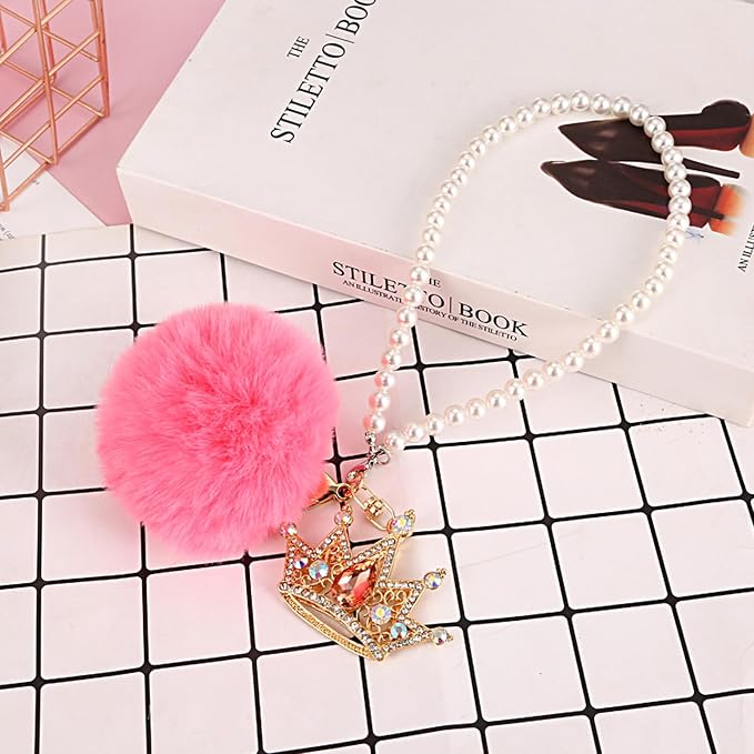 Pink Bling Car Accessories for Women Furry Pom Pom Crown with Pearl Chain Car Mirror Hanging Accessories for Women