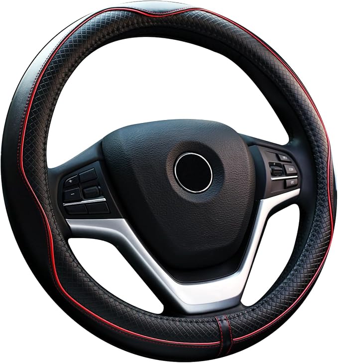 Valleycomfy Steering Wheel Covers Universal 15 inch - Genuine Leather, Breathable, Anti Slip & Odor Free (Black with Red Lines, M(14" 1/2-15" 1/4))