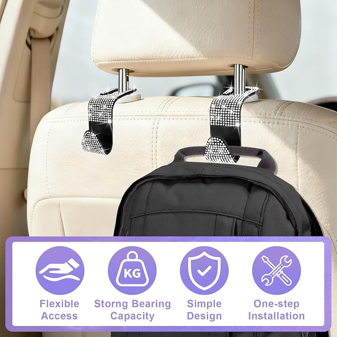 BFXM 6 Pack Bling Car Seat Headrest Hooks, Bling Car Accessories for Women, Rhinestone Purse Hook for Car, Universal Storage Organizer for Handbag Grocery Bags Coats (Bling White)