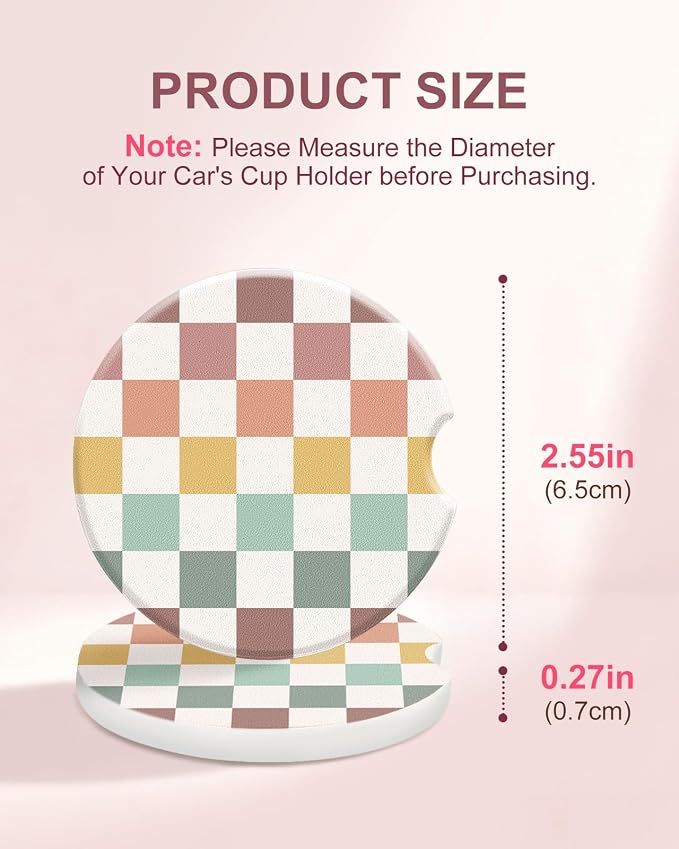 Swooflia Car Coasters for Women - Morandi-Tone Checkered Ceramic Car Cupholder Coaster Absorbent Mat Coaster with Cork Base 2 Pack 2.55 inch Automotive Cup Holder Accessories New Driver Gifts