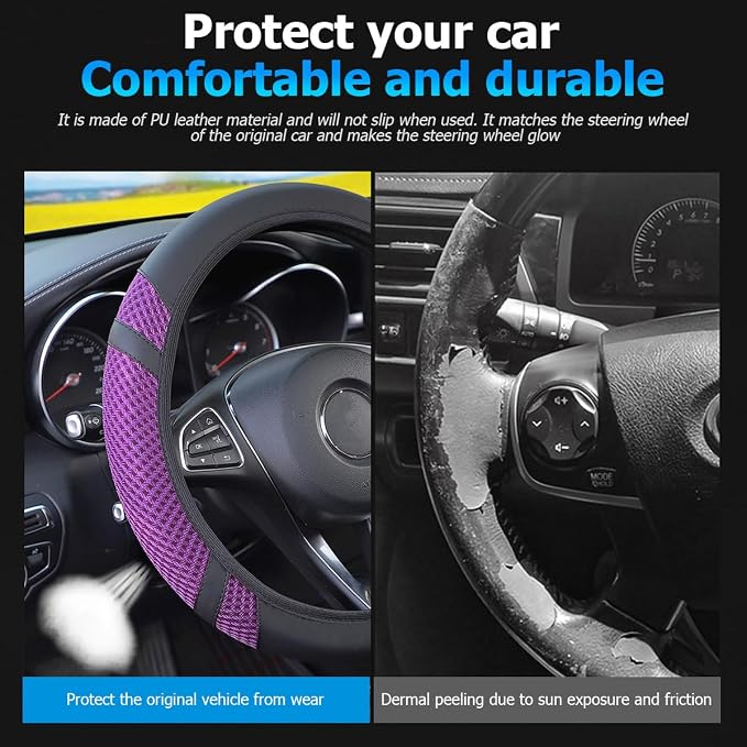 Car Steering Wheel Cover, Elastic Stretch Breathable Leather Vehicle Steering Wheel Protector, Automotive Interior Protective Accessories, Universal for SUV RV Truck (Purple)
