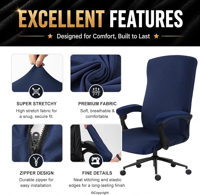 Stretch Computer Office Chair Cover with Armrest Covers Durable Zipper Universal Washable Removable Spandex Rotating Boss Chair Slipcovers Anti-dust Soft Desk Chair Seat Protector, Navy