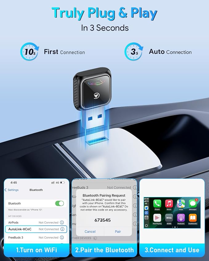 Super Mini Android Auto Wireless CarPlay Adapter - Auto Connect Bluetooth Car Play Dongle, Zero Latency, Compatible with iOS & Android, 2017+ Models, USB/Type-C