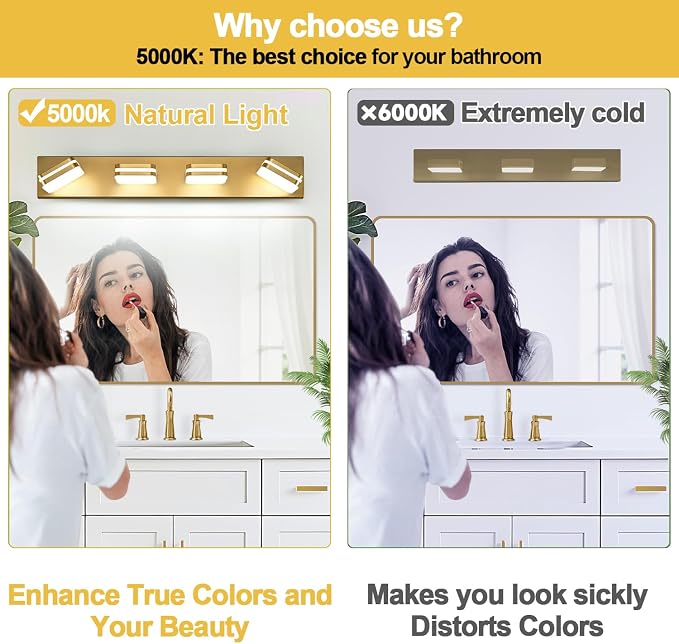 Torondo 360° Rotate LED Bathroom Vanity Light Fixtures, Acrylic Vanity Lights for Bathroom, Modern Wall Lighting Fixtures Over Mirror Living, Gold, Natural White, 4-Light, 27-Inch