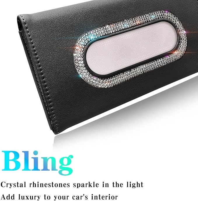 Bling Car Visor Tissue Holder, Diamond Mask Holder, PU Leather Tissue Box Holder, Wipes Case, Sun Visor Napkin Holder (Black)