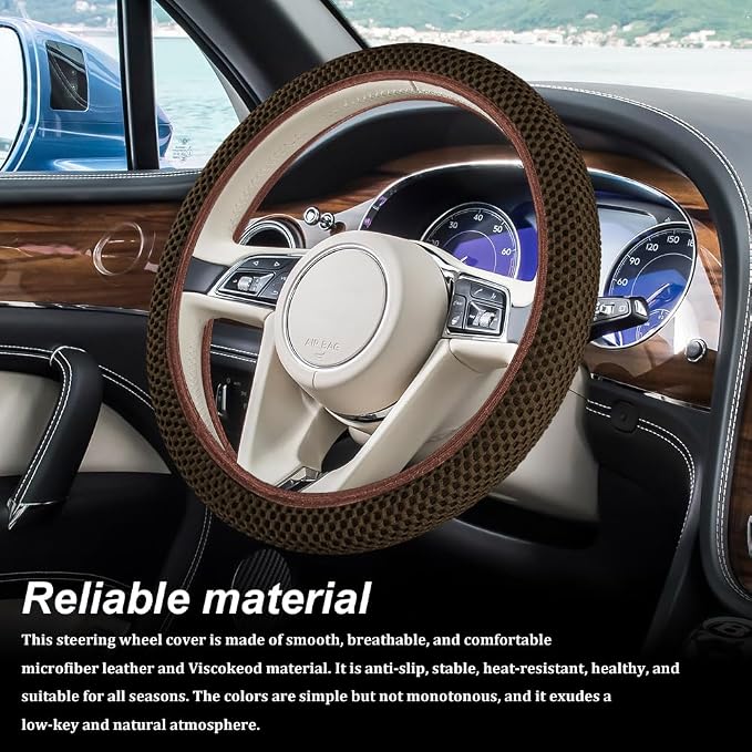 Breathable Elastic Steering Wheel Cover,15 Inch Stretch Steering Wheel Protector,Microfiber Ice Silk Anti-Slip Car Wheel Cover,Odorless Comfort Grip Interior Accessory for Cars SUV Truck（Brown）