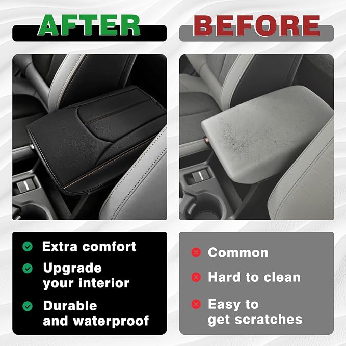 Muslogy Center Console Armrest Cover Fit for Subaru Forester 2025 Accessories, Comfort Armrest Pad Console Lid Cushion Vegan Leather Regular Thick (Black/Brown Trim)