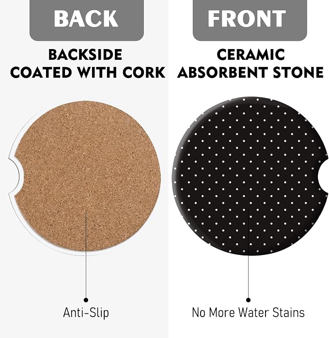 2 Pack Car Coasters for Cup Holders, Absorbent Ceramic Cup Coaster with Cork Base and Finger Notch, Cute Car Accessories Interior for Women Men (Black Polka Dots)