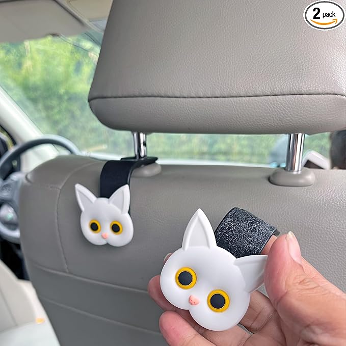 Cat Car Seat Headrest Hooks, White, 2 Pack | Cute Cartoon Cat Hook