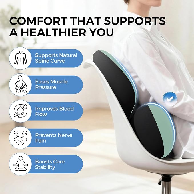 BEBAS Ergonomic Memory Foam Lumbar Support Pillow for Car, Green | Zoned Pressure Relief for Back Support, Lumbar Cushion with Fixed Ring, Breathable Washable Cover, Fits for Driving & Office