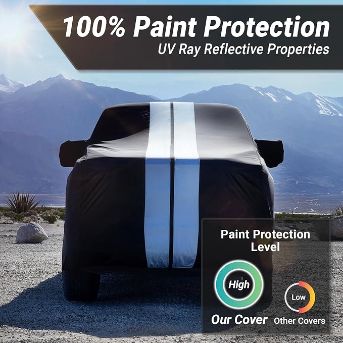 iCarCover Premium Heavy Duty Truck Car Cover - Waterproof All Weather Rain Snow UV Protection, F-150 Super, Ram 1500 Crew, Silverado 1500, Sierra 1500, Size T85 (See Size Chart), Stripe - Black/Gray