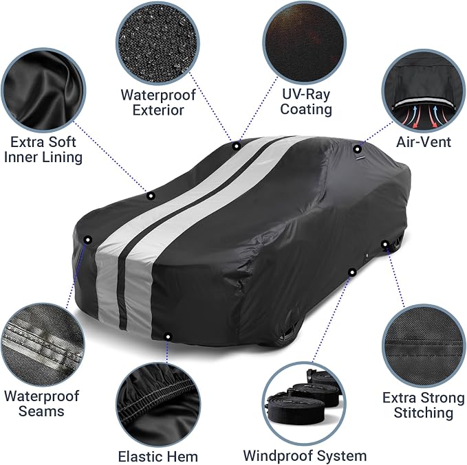 iCarCover Premium Heavy Duty Car Cover - Waterproof All Weather Rain Snow UV Protection, AR Spider, 930 940, Z4, RX-7, Pinto, Size C26 (See Size Chart), Stripe - Black/Gray