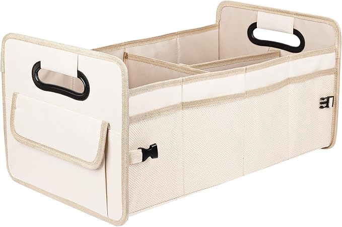 JiatuA Car Trunk Organizer, Car Organizers and Storage Collapsible Multi Compartment Container Box, Adjustable Car Accessories for SUV Sedan Truck, Standard Size, Beige