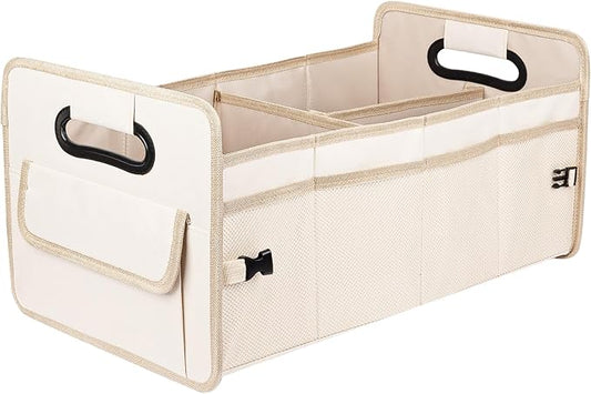JiatuA Car Trunk Organizer, Car Organizers and Storage Collapsible Multi Compartment Container Box, Adjustable Car Accessories for SUV Sedan Truck, Standard Size, Beige