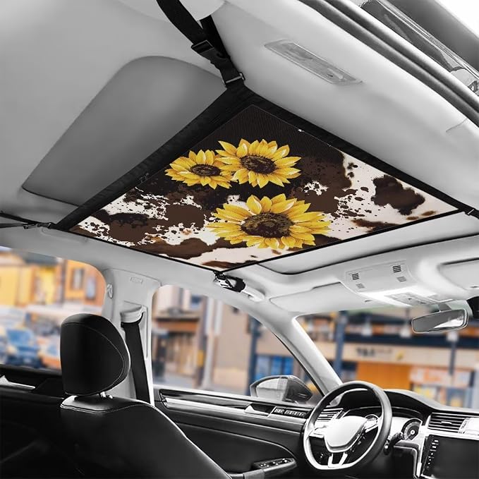 Dreaweet Brown Cow Print Car Ceiling Cargo Net Storage Net,Sunflower Car Accessories Interior Vehicle Cargo Net for Car with Zipper Road Trip Essentials Car Organizer Hanging on Car Truck SUV Roof